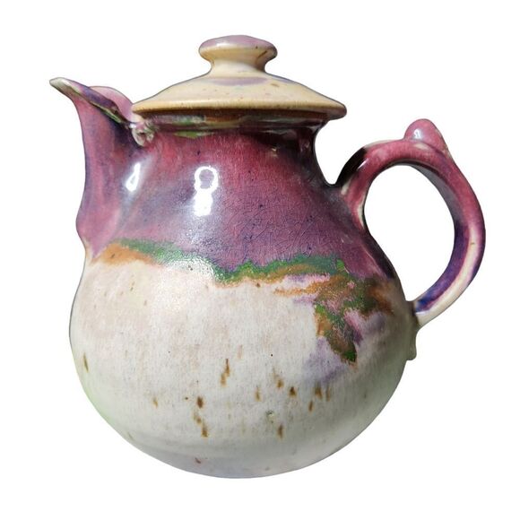 Handmade Pottery Teapot 4 Mugs Cups Signed KS Purple Beige - Picture 4 of 16